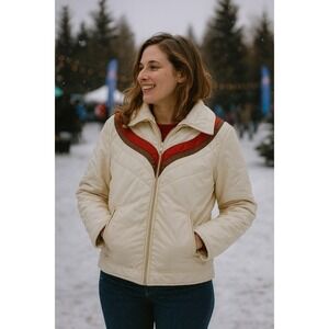 SKYR Womens Vintage Puffer Ski Jacket Chevron‎ Cream Zippered Pocket Large
